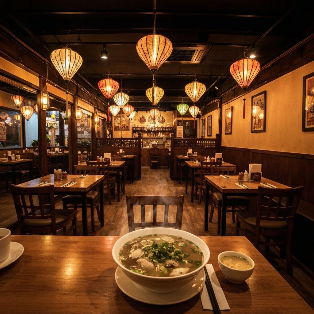 Warm and inviting interior of Pho M Viet restaurant with Vietnamese lanterns and wooden furniture