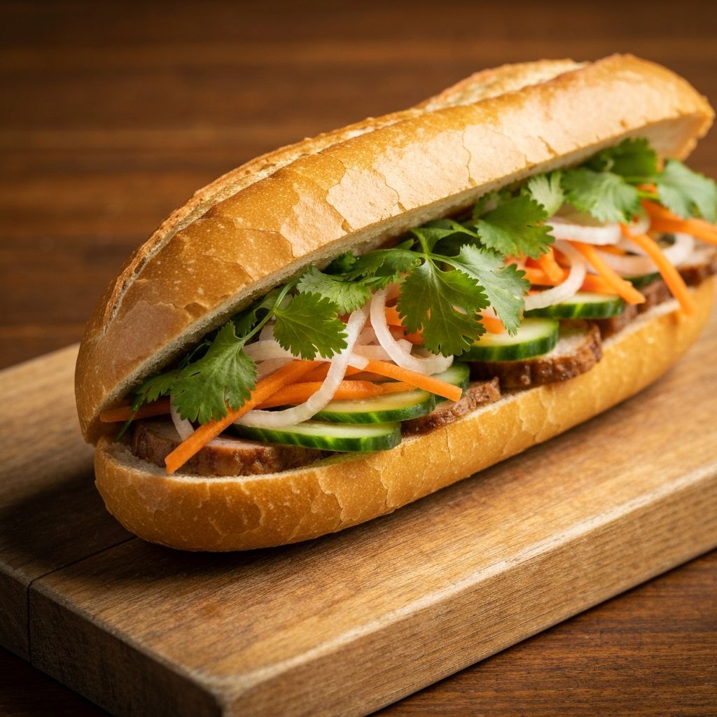 Authentic Vietnamese bánh mì sandwich on a wooden board with fresh herbs and pickled vegetables
