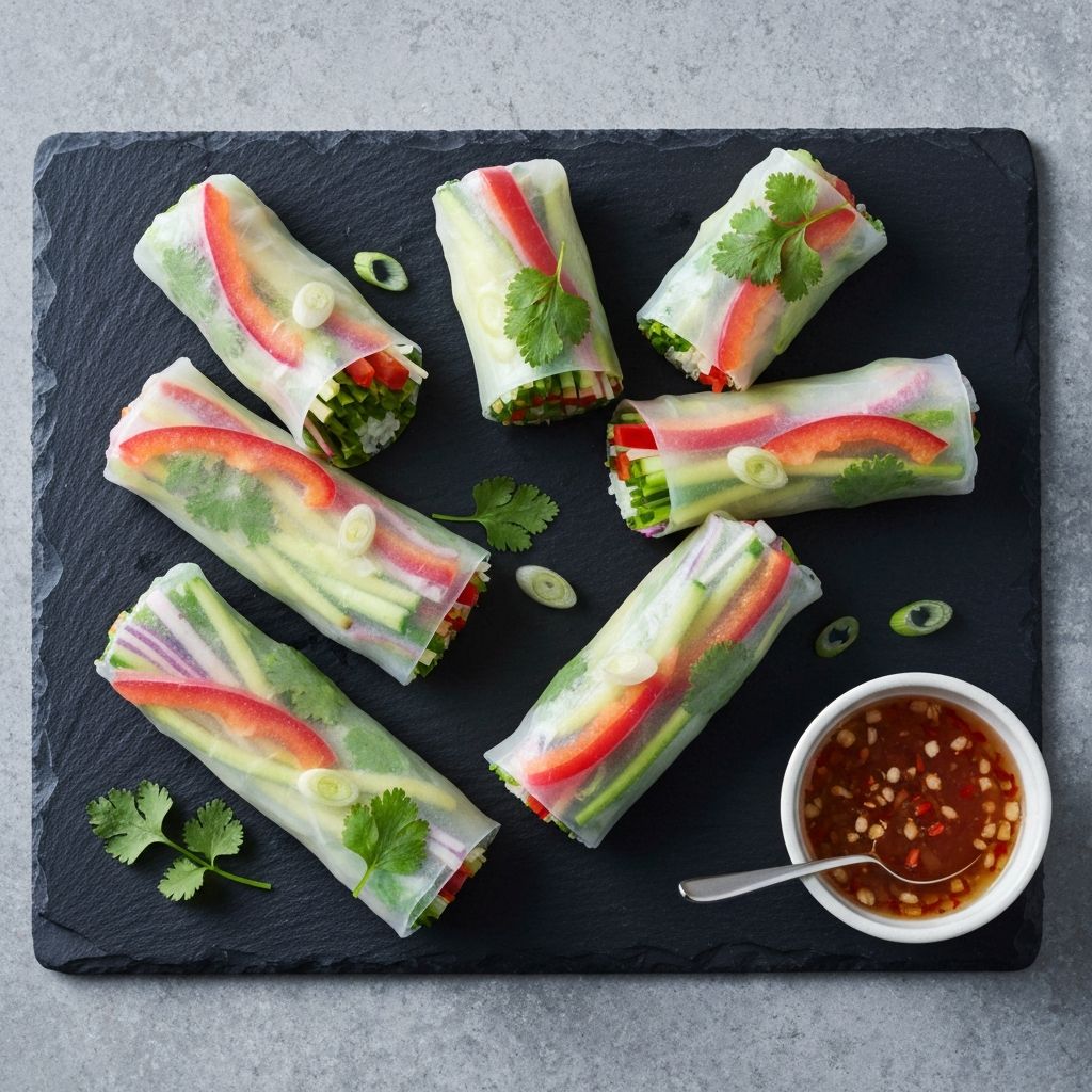 Fresh Vietnamese rice paper rolls on a slate board with dipping sauce